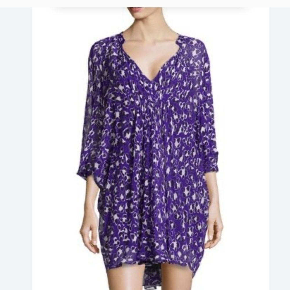 Diane von Furstenberg silk chiffon Fleurette purple kaftan floral dress PETITE